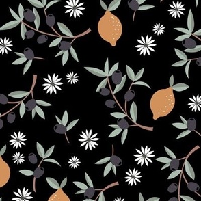 Italian summer black olives and citrus garden leaves and daisy flowers orange sage green on black night