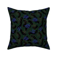 The modernist - leaves spots and abstract shapes and speckles eclectic blue rust on green black