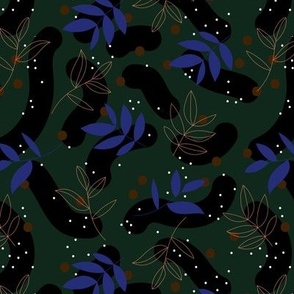 The modernist - leaves spots and abstract shapes and speckles eclectic blue rust on green black