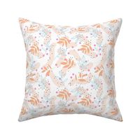 The modernist - leaves spots and abstract shapes and speckles baby blue orange pink blush on white