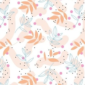The modernist - leaves spots and abstract shapes and speckles baby blue orange pink blush on white