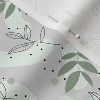 The modernist - leaves spots and abstract shapes and speckles mint olive green black on gray