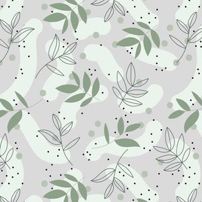 The modernist - leaves spots and abstract shapes and speckles mint olive green black on gray