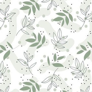 The modernist - leaves spots and abstract shapes and speckles sage green olive charcoal on white