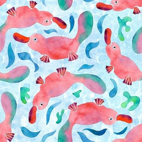 Watercolor Swimming Platypus | Orange and Blue