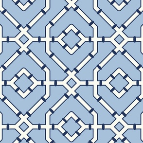 Chinoiserie bamboo trellis - pastel comforts coordinate -  navy and soft white on sky blue - large