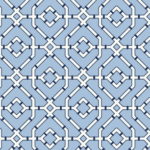 Chinoiserie bamboo trellis - pastel comforts coordinate -  navy and soft white on sky blue - medium