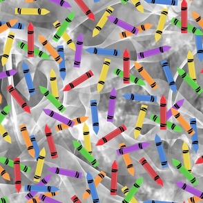 jumbled crayons on grey swirls