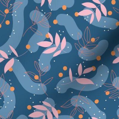 The modernist - leaves spots and abstract shapes and speckles orange pink on jeans blue JUMBO