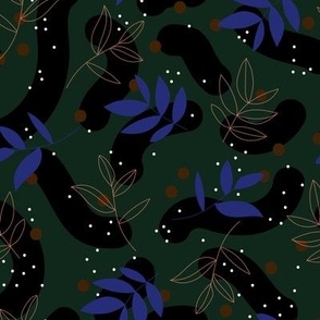 The modernist - leaves spots and abstract shapes and speckles eclectic blue rust on green black JUMBO