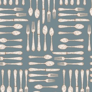 Forks, Spoons, Knives // Brown on Muted Blue