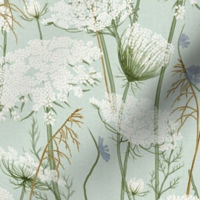 Medium Wild flowers Pastel Modern Cottage Floral  Queen Anne's lace and honey grasses on sky blue, aquamarine, baby blue , Meadow, cottage core, intheweedsdc , floral wallpaper,  jumbo scale, home decor , meadow wallpaper, jumbo scale, home decor