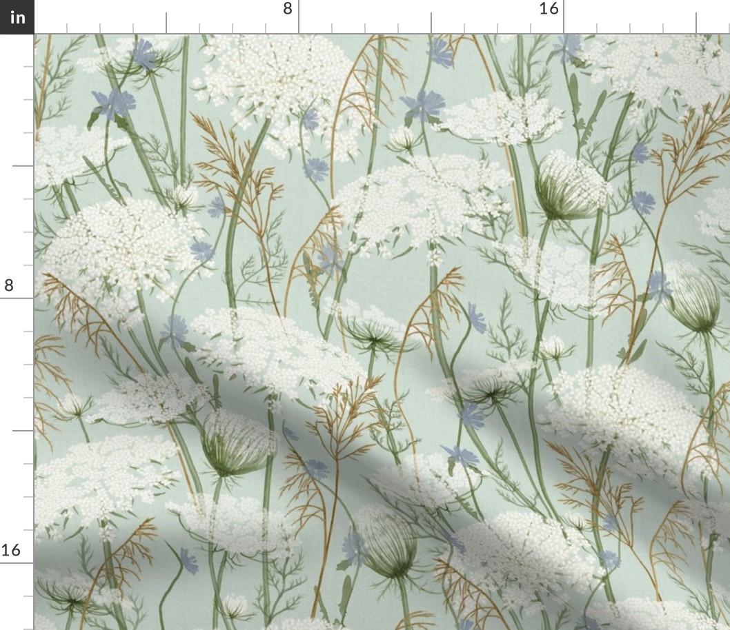 Medium Wild flowers Pastel Modern Cottage Floral  Queen Anne's lace and honey grasses on sky blue, aquamarine, baby blue , Meadow, cottage core, intheweedsdc , floral wallpaper,  jumbo scale, home decor , meadow wallpaper, jumbo scale, home decor