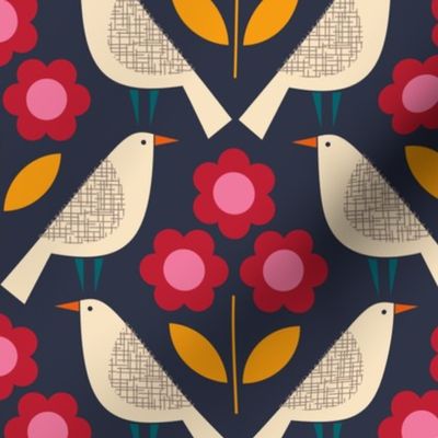 Birds and 3 Daisies - Ruby and Navy