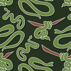 Green Snakes Slithering through a Dark Forest