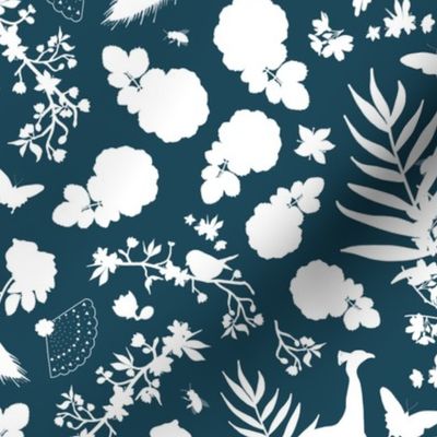 Peacock Jungle of Joy - white silhouettes on deep teal, medium 