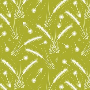 Wild Grassland Flourish - snow white on chartreuse green, large