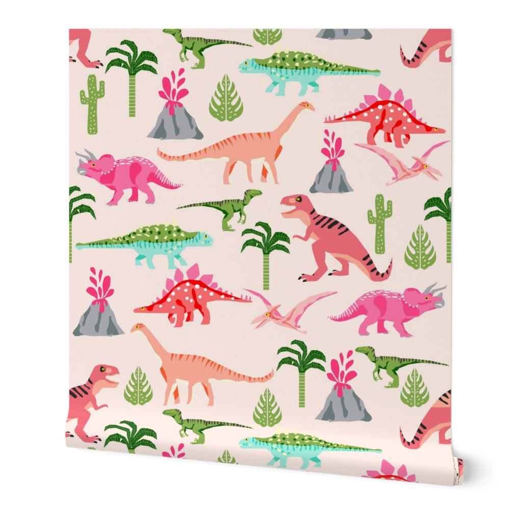 SMALL dinosaurs fabric - dino fabric, pink dino fabric, nursery fabric, baby girl fabric, dinosaur girls fabric