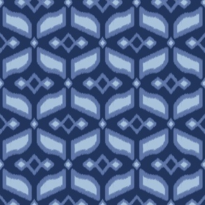 Geometric Ikat abstract hexagonal grid - blue tones with sky blue on navy - medium