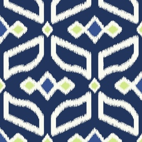 Geometric Ikat abstract hexagonal grid - soft white, honeydew and navy - large