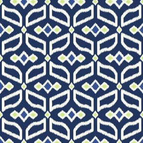 Geometric Ikat abstract hexagonal grid  - soft white, honeydew and navy - medium