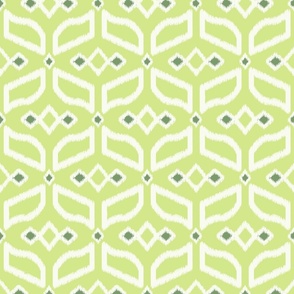 Geometric Ikat abstract hexagonal grid - soft white on honeydew - medium