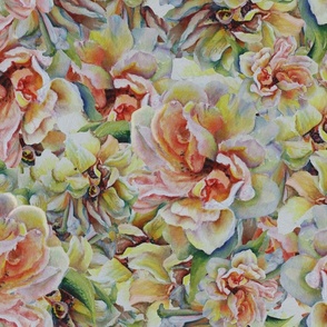 LWR1 - Large - Layered Watercolor Antique Roses in Peach and Yellow 