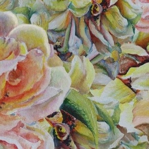 Hand Painted  Antique Roses in Peach and Yellow  - LNTR1 - 21 inch fabric repeat - 12 inch wallpaper repeat