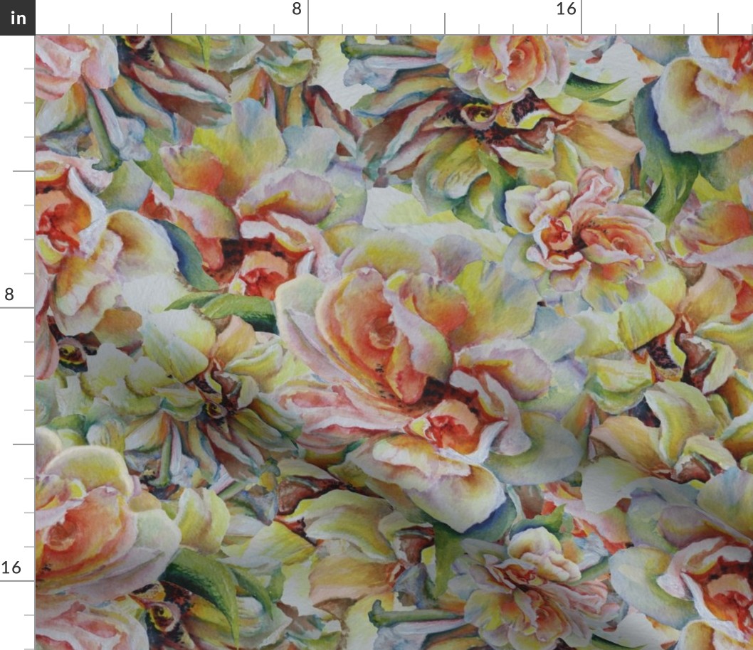 Hand Painted  Antique Roses in Peach and Yellow  - LNTR1 - 21 inch fabric repeat - 12 inch wallpaper repeat