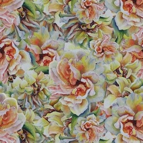 Hand Painted Antique  Roses in Peach and Yellow - LNTR1 - 8 inch fabric repeat - 6 inch wallpaper repeat