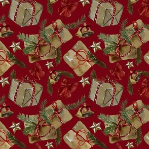 Vintage Christmas gifts in brown paper & Bells - Noel Print - True Red Background