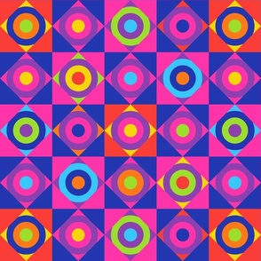 Geometric Circle Checkerboard Tiles in Glam 70s Disco Revival Rainbow Colors Pink Purple Red Yellow Blue Green Orange - MEDIUM Scale - UnBlink Studio by Jackie Tahara