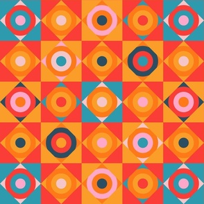 Geometric Circle Checkerboard Tiles in Southwestern Desert Colours Coral Orange Red Pink Teal Indigo Blue - MEDIUM Scale - UnBlink Studio by Jackie Tahara