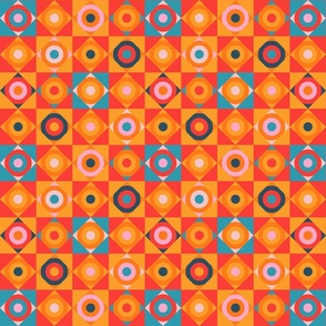 Geometric Circle Checkerboard Tiles in Southwestern Desert Colours Coral Orange Red Pink Teal Indigo Blue - SMALL Scale - UnBlink Studio by Jackie Tahara
