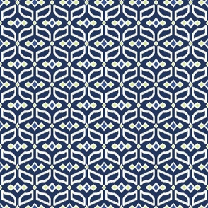 Geometric Ikat abstract hexagonal grid - soft white, honeydew and navy - small