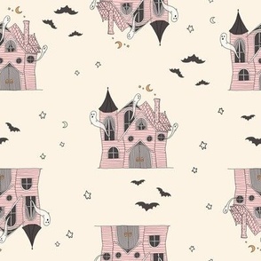 Pink Haunted Houses on Cream Background 