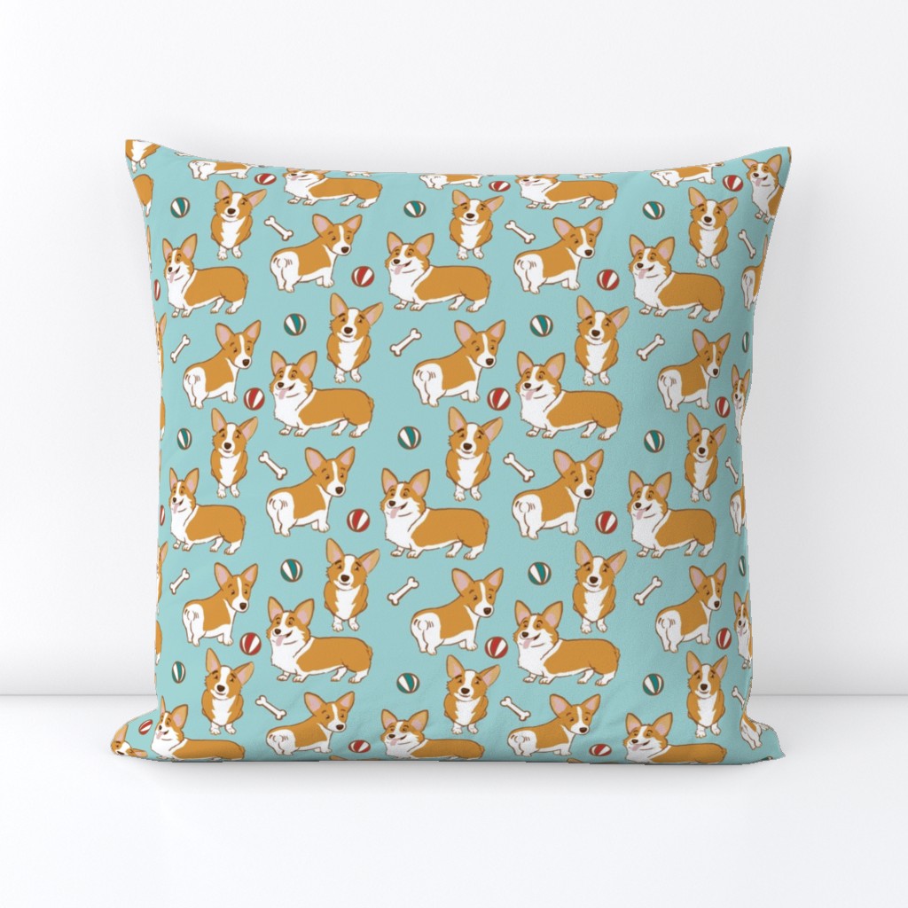 Corgi Cuties on Soft Aqua by Brittanylane