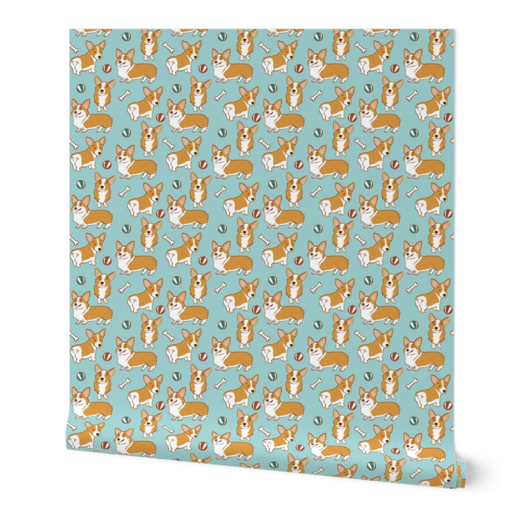 Corgi Cuties on Soft Aqua by Brittanylane