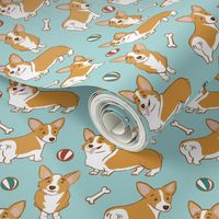 Corgi Cuties on Soft Aqua by Brittanylane