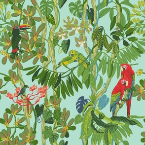 Tropical jungle birds (toucan, parrot, hummingbird, parakeet)