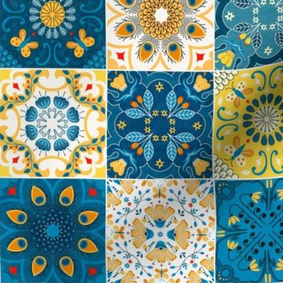 vintage nostalgia kitchen: portuguese tiles blue yellow 12inch cheater quilt