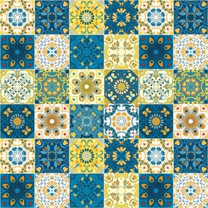 vintage nostalgia kitchen: portuguese tiles blue yellow 12inch cheater quilt