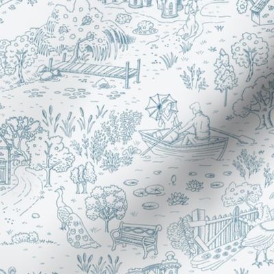 peacock island toile de jouy | teal blue on gray | small
