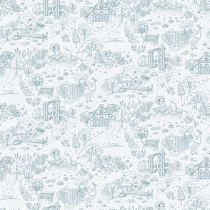 peacock island toile de jouy | teal blue on gray | small