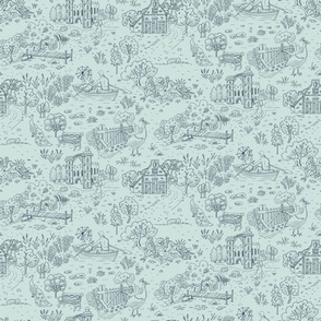 peacock island toile de jouy | navy on sea glass | small