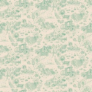 Peacock Island Romance: Toile de Jouy Greenery for Serene Summer Escapes | green on almond | small