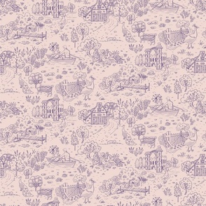 peacock island toile de jouy | dark violet on pinkish gray | small