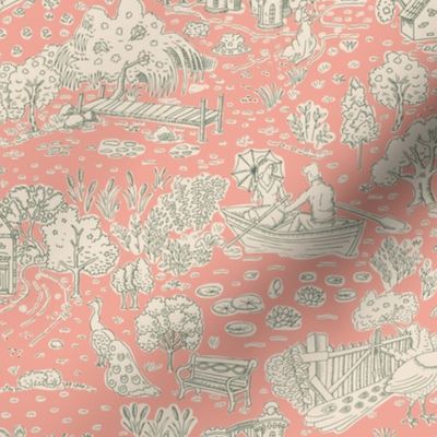 picnic on peacock island toile de jouy | sand on tangerine | small