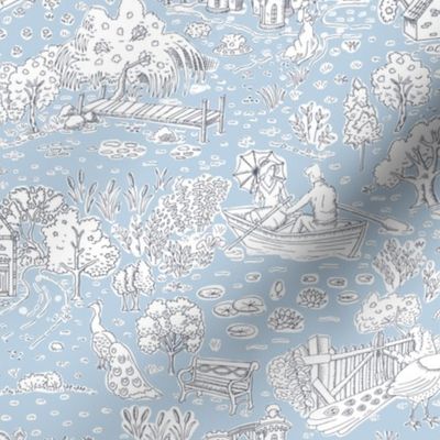 picnic on peacock island toile de jouy | fog blue | small