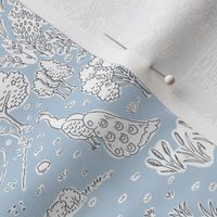 picnic on peacock island toile de jouy | fog blue | small